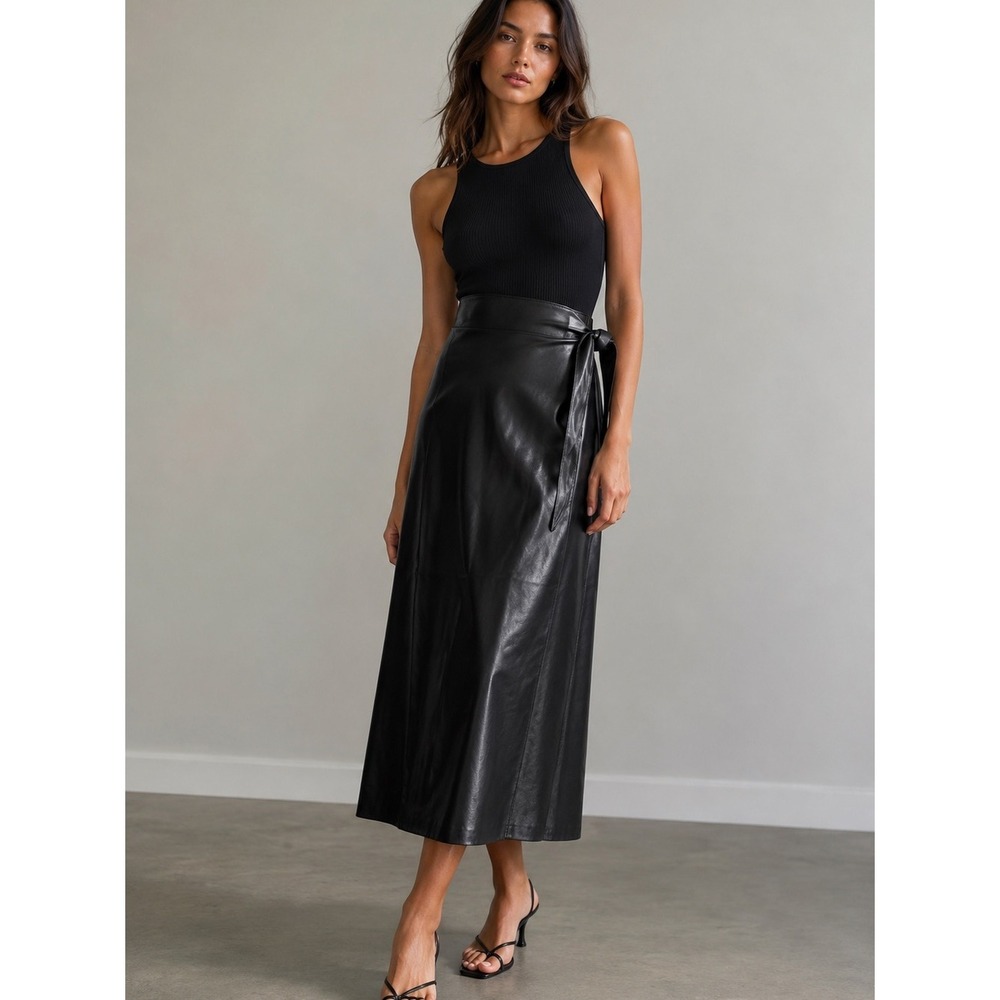 Nanushka Carola Black OKOBOR Vegan Leather Wrap Maxi Skirt